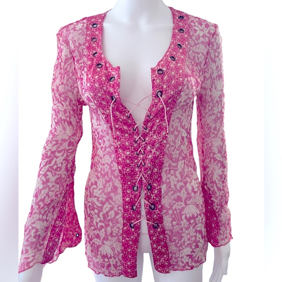 ✨POUPETTE St Barth sheer pink & white long sleeve blouse - Picture 6 of 11